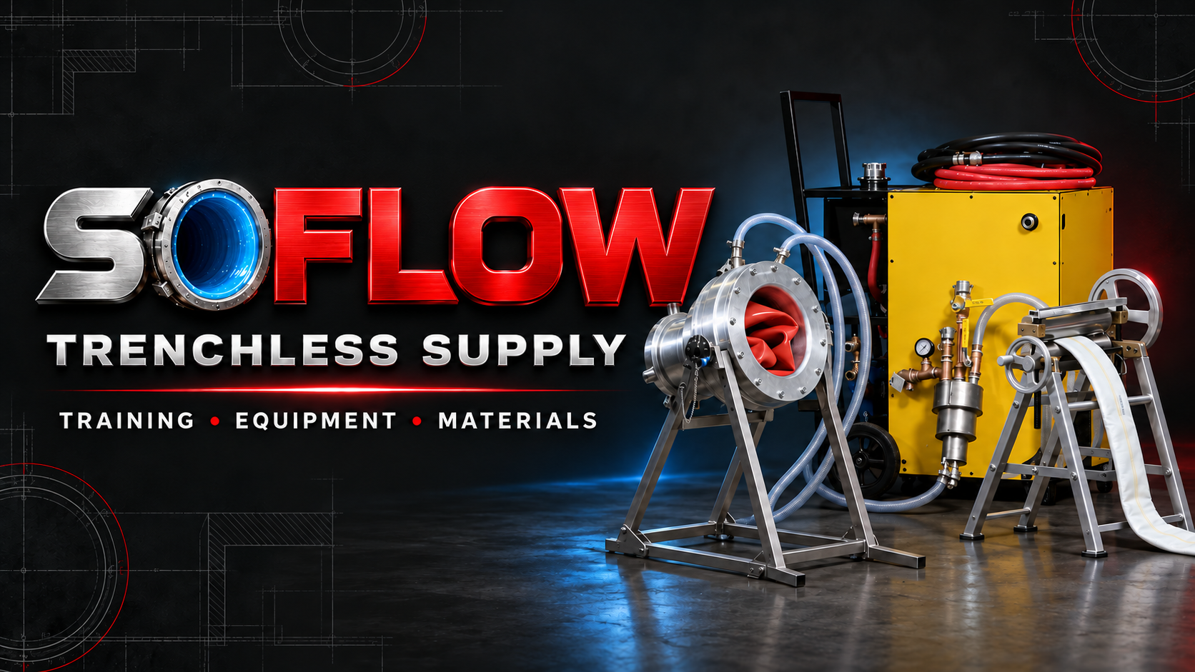 SoFlow Trenchless Supply. Training, equipment and materials. Pipe lining equipment in our black, red, silver and blue brand style.